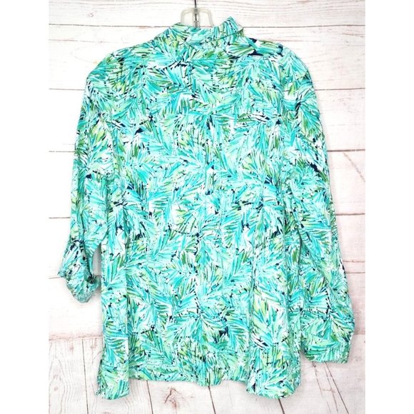 Appleseeds Petites PXL Floral Button Cuff Green Women Full Button Shirt - Picture 11 of 16